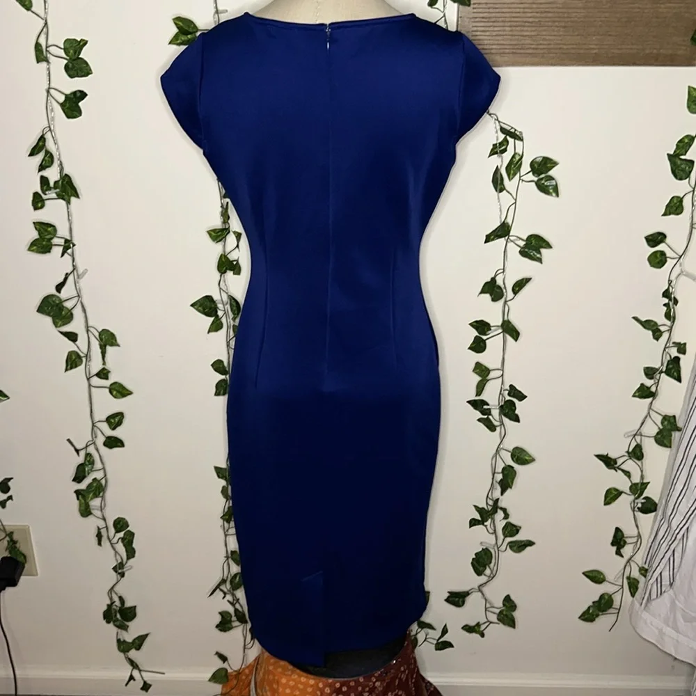 New York & Company Stretch Cobalt Blue Cap Sleeve  Business Casual Midi Dress - Picture 4 of 7